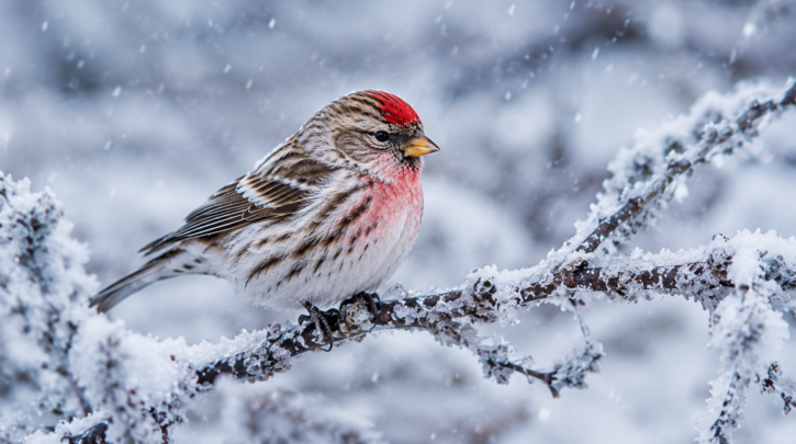 Illustration of a Common Redpoll surviving extreme Arctic cold