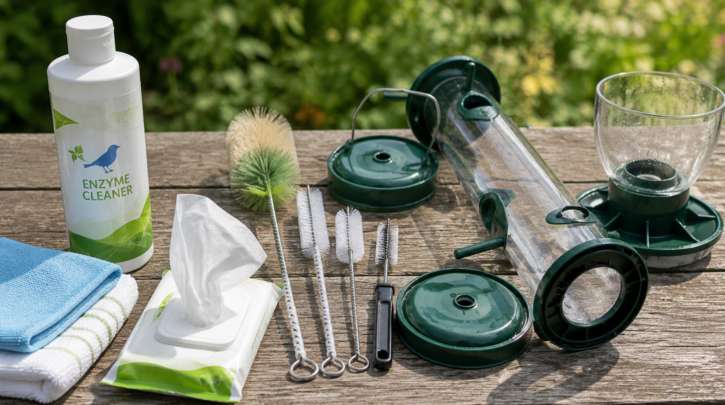 Illustration of feeder cleaning supplies for finch feeder hygiene