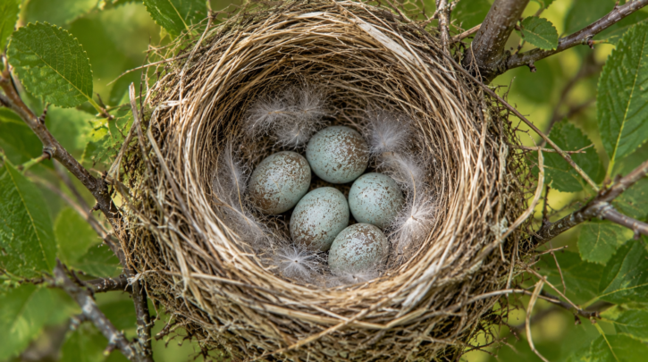 Illustration of pale speckled finch eggs in an open cup nest