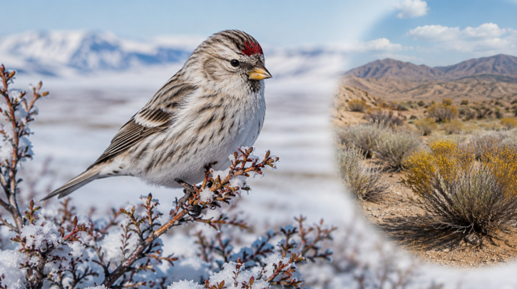 Illustration representing the wide habitat range of the finch family, from Arctic tundra to desert scrub