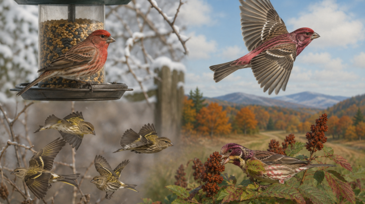 Illustration representing the varied migration strategies across the finch family