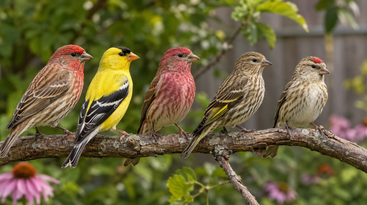 Illustration comparing House Finch, Goldfinch, Purple Finch, Pine Siskin, and Common Redpoll
