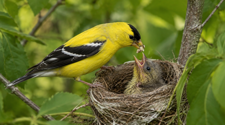 Illustration of a goldfinch feeding its chick regurgitated seed