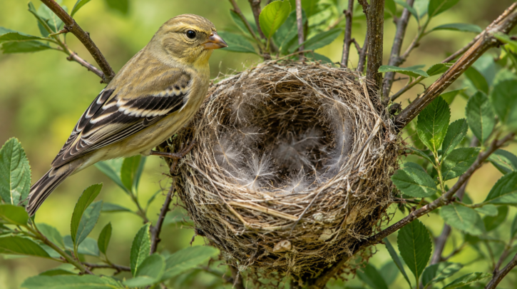 Illustration of a tightly woven Goldfinch nest capable of holding water