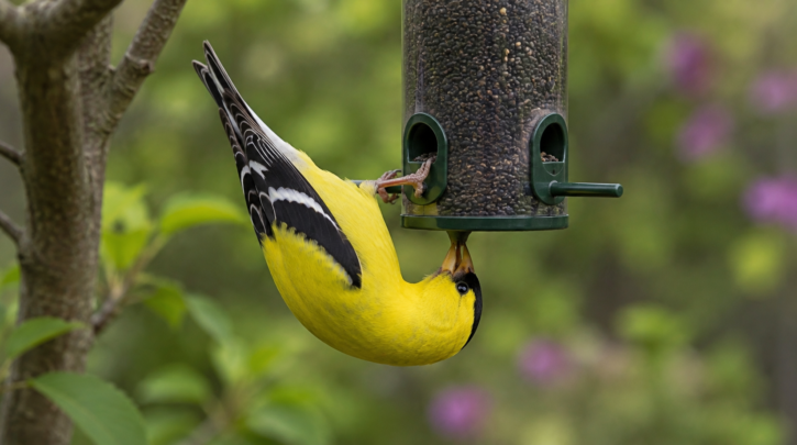 Illustration of a goldfinch feeding upside down at a nyjer feeder