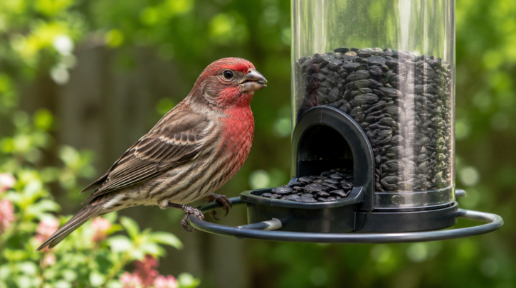 Illustration of a healthy House Finch at a properly maintained, clean feeder