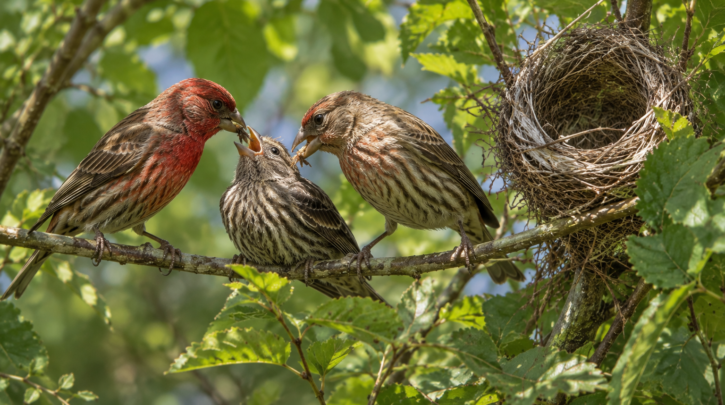Illustration of a House Finch pair managing overlapping broods in summer