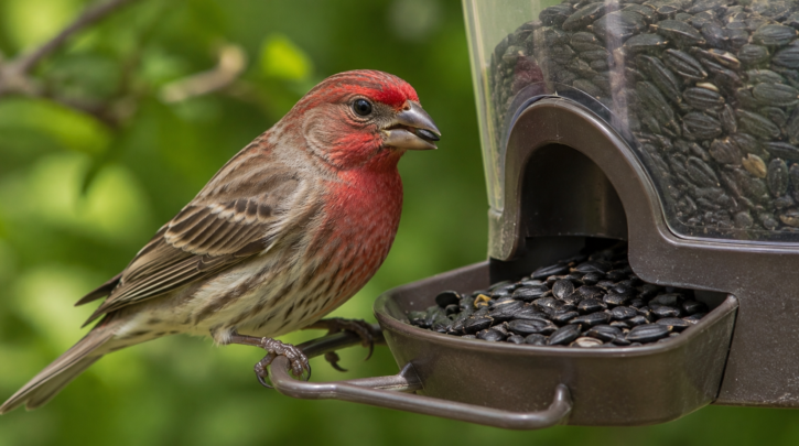 Illustration of a House Finch feeding at a sunflower seed hopper feeder