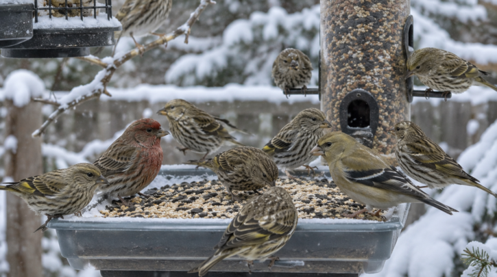 Illustration of a mixed winter finch flock sharing a feeding station