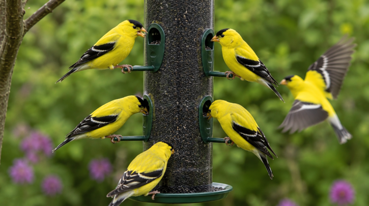 Illustration of goldfinches feeding at a multi-port nyjer tube feeder