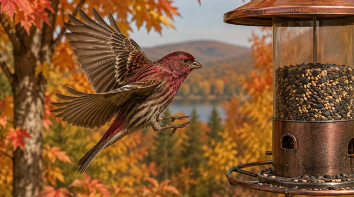 Illustration of a Purple Finch arriving as a fall migrant